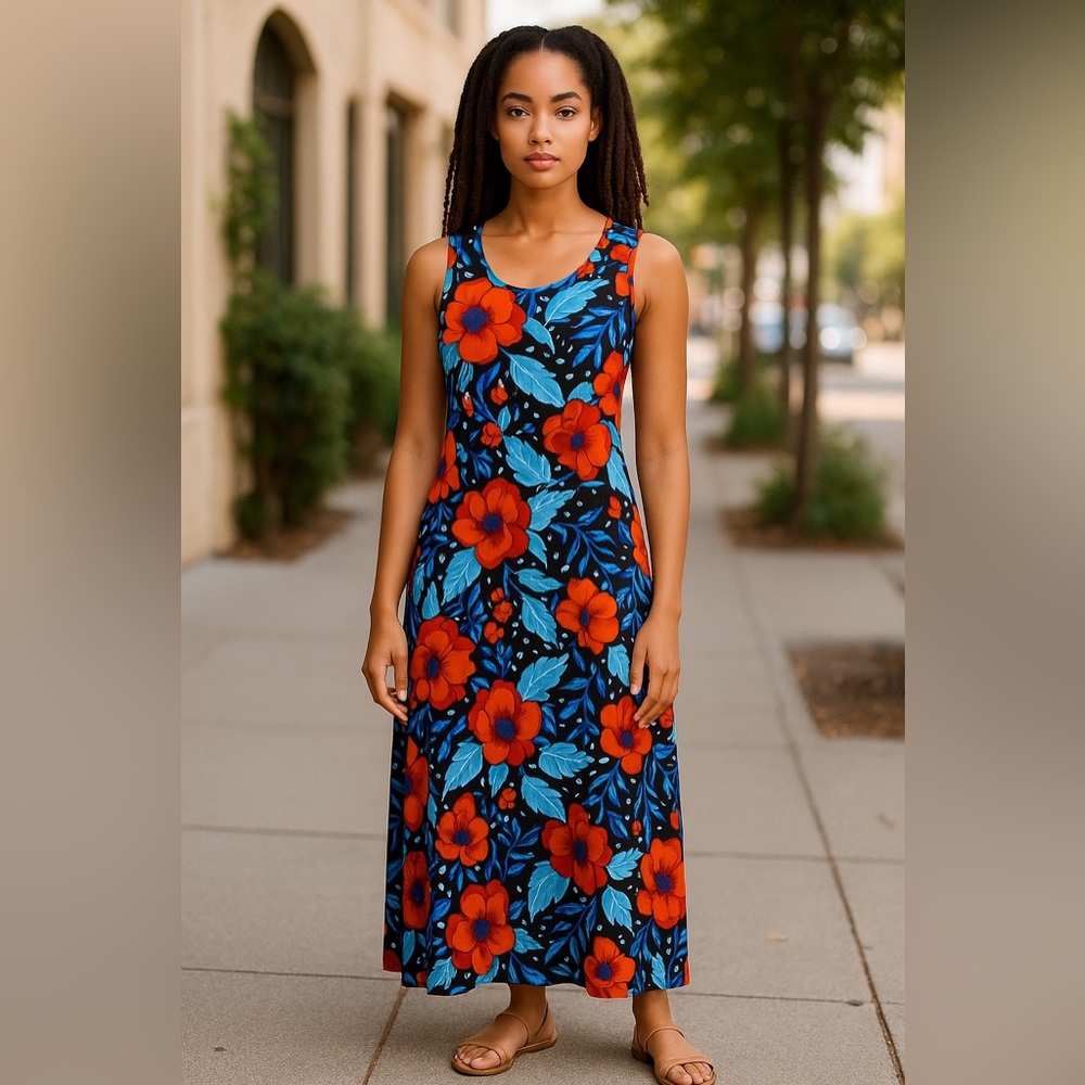 Floral Sleeveless Maxi Dress - Blue and Red XS